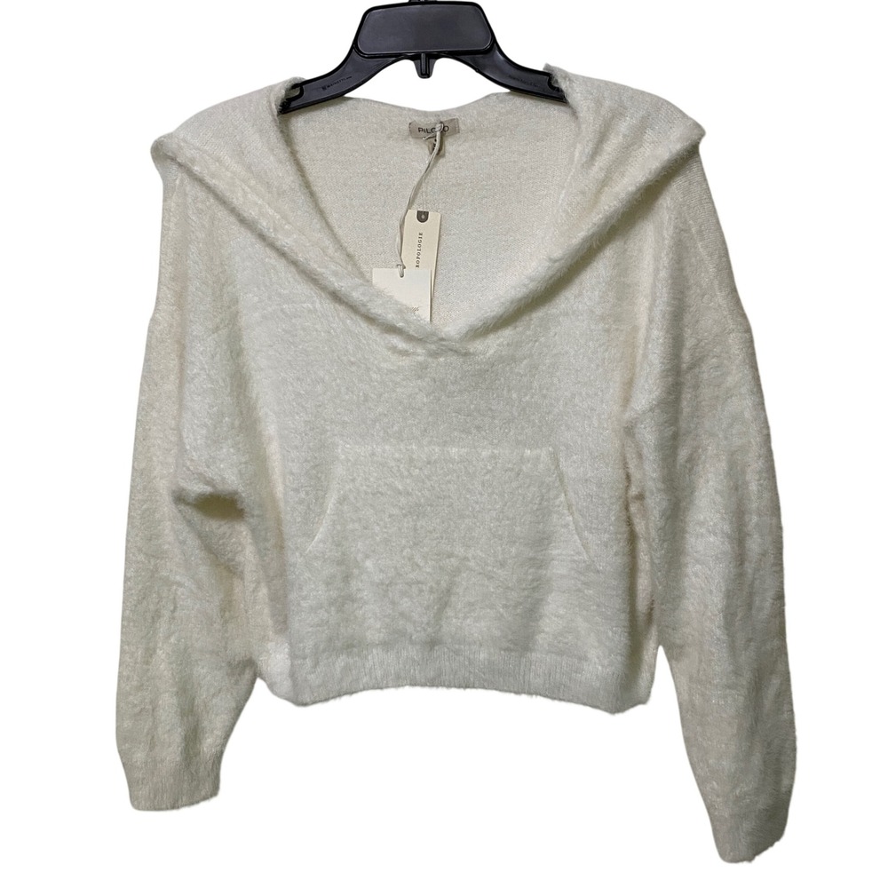 Pilcro Anthropologie Ivory Fuzzy Eyelash Knit Hooded V-Neck Sweater S Soft Girl